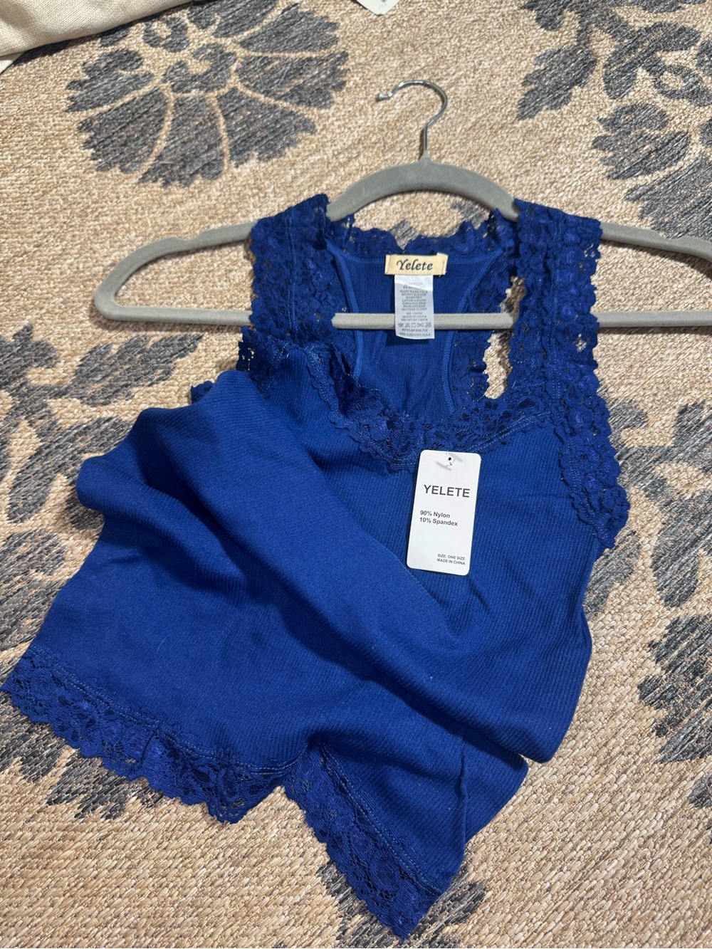 Yelete Women’s Lace Trim Racerback Tank Top in Navy- NWT - One Size
